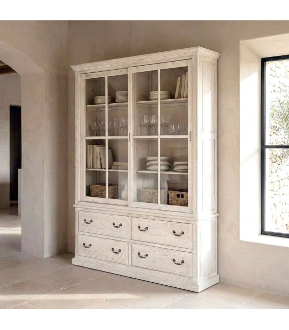 Vitrina XL boho madera teñida blanca con 2 puertas y 4 cajones Mdmhogar