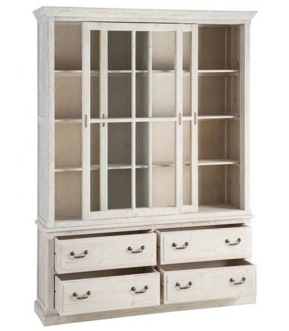 Vitrina XL boho madera teñida blanca con 2 puertas y 4 cajones 1