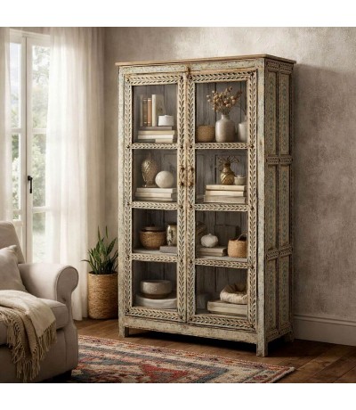 Vitrina mango decorada a mano 2 puertas cristal estilo étnico Mdmhogar