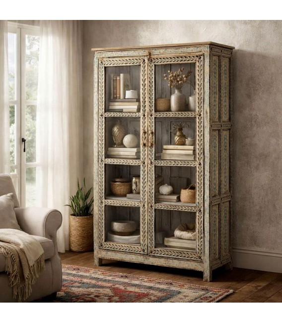 Vitrina mango decorada a mano 2 puertas cristal estilo étnico Mdmhogar