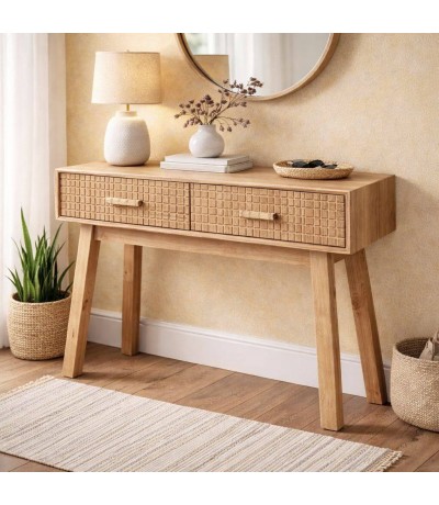 Consola entrada madera tallada  natural 2 cajones estilo nórdico Mdmhogar