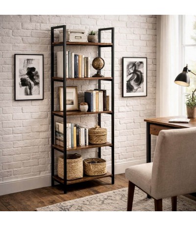 Estantería MDF nogal oscuro con hierro negro estilo industrial Mdmhogar