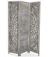 Biombo 3 hojas madera calada de paulonia patinada gris estilo boho