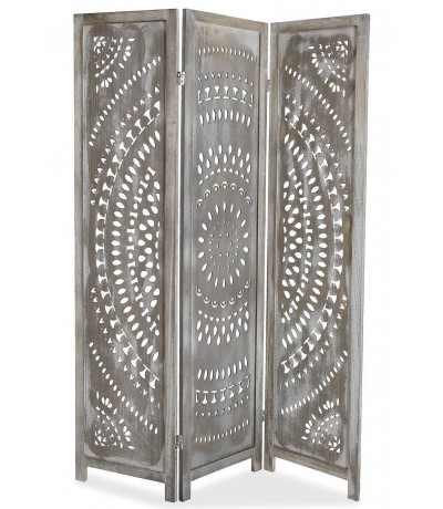 Biombo 3 hojas madera calada de paulonia patinada gris estilo boho