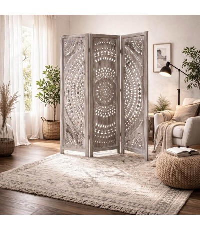 Biombo 3 hojas madera calada de paulonia patinada gris estilo boho Mdmhogar