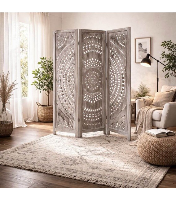 Biombo 3 hojas madera calada de paulonia patinada gris estilo boho Mdmhogar
