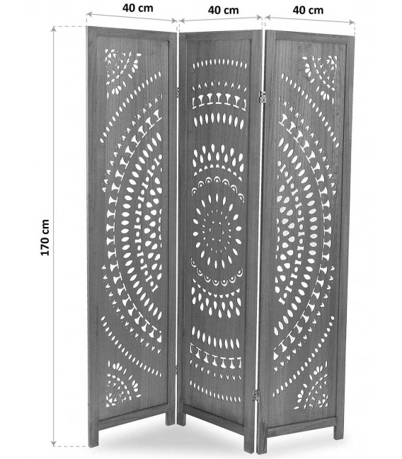Biombo 3 hojas madera calada de paulonia patinada gris estilo boho 1
