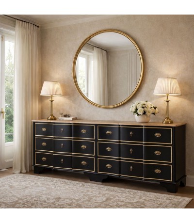 Cómoda XXL madera abeto 6 cajones negro oro neoclásica Mdmhogar
