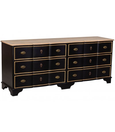 Cómoda XXL madera abeto 6 cajones negro oro neoclásica