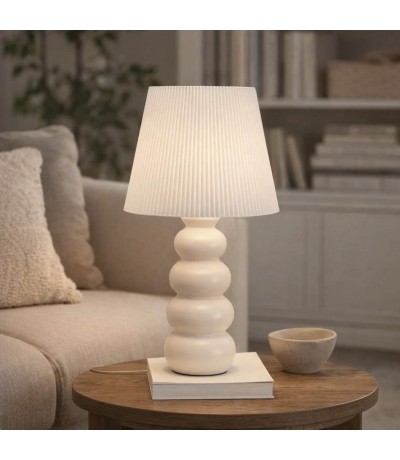 Lámpara sobremesa cerámica beige pantalla plisada blanca Mdmhogar