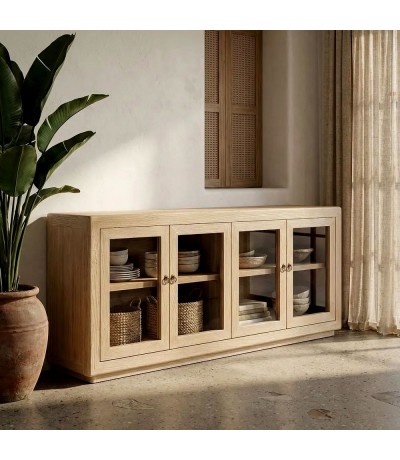 Aparador 4 puertas de cristal en olmo reciclado natural boho Mdmhogar