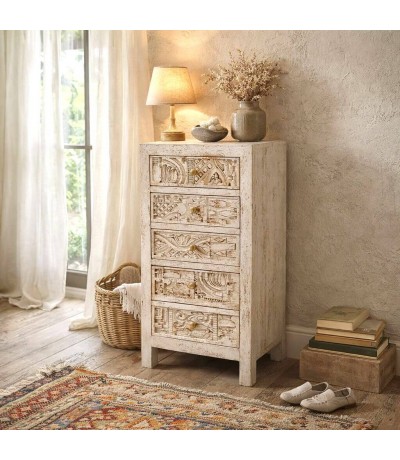 Sinfonier madera de mango tallada acabado crema vintage Mdmhogar