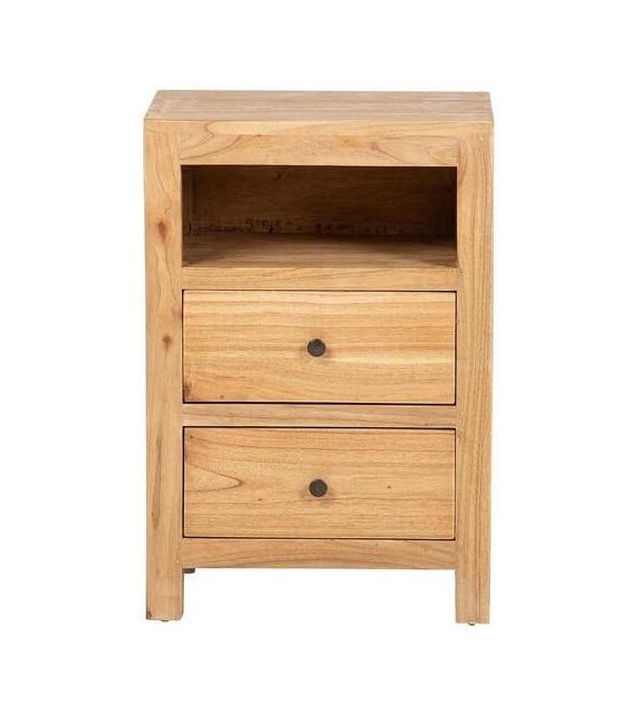 Mesita de noche madera maciza mindi natural 2 cajones estilo boho 2