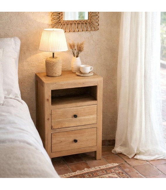 Mesita de noche madera maciza mindi natural 2 cajones estilo boho Mdmhogar