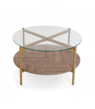 MESA CENTRO CIRCULAR 80 X 80 X 45 LATIA METAL DORADO MADERA MDF NOGAL Y CRISTAL