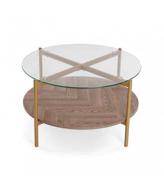 MESA CENTRO CIRCULAR 80 X 80 X 45 LATIA METAL DORADO MADERA MDF NOGAL Y CRISTAL
