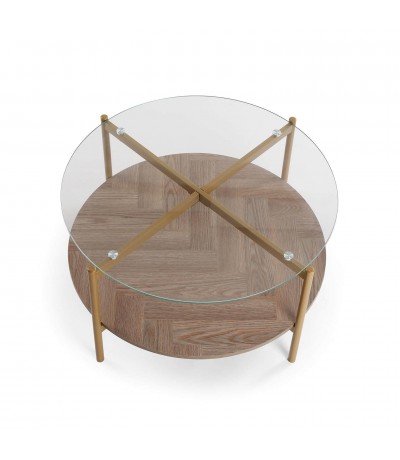 MESA CENTRO CIRCULAR 80 X 80 X 45 LATIA METAL DORADO MADERA MDF NOGAL Y CRISTAL
