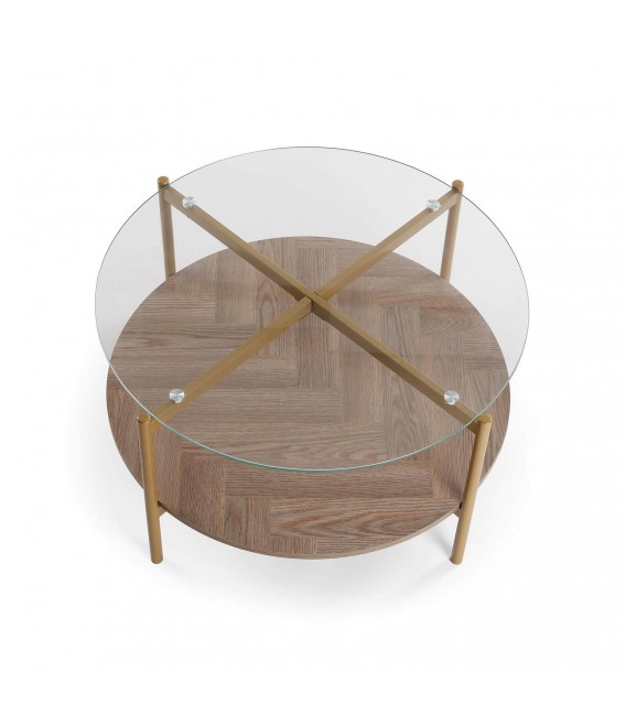 MESA CENTRO CIRCULAR 80 X 80 X 45 LATIA METAL DORADO MADERA MDF NOGAL Y CRISTAL