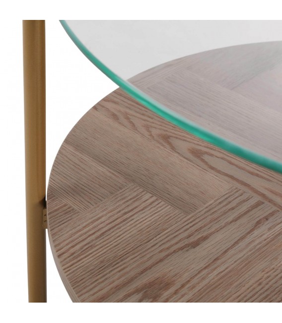 MESA CENTRO CIRCULAR 80 X 80 X 45 LATIA METAL DORADO MADERA MDF NOGAL Y CRISTAL