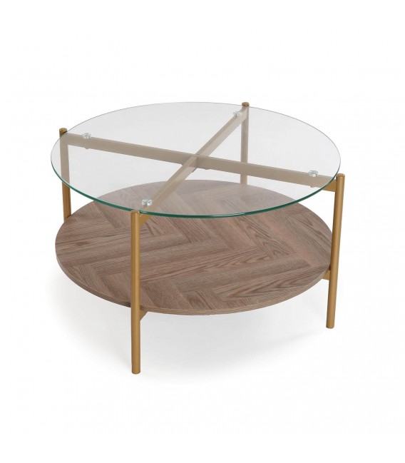 MESA CENTRO CIRCULAR 80 X 80 X 45 LATIA METAL DORADO MADERA MDF NOGAL Y CRISTAL