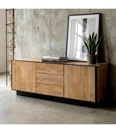 Mueble TV madera mango natural hierro estilo industrial salon