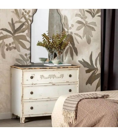 Cómoda madera abeto blanqueada estilo romántico cajones cobre