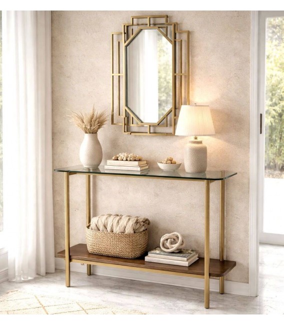 Consola entrada madera nogal mdf metal dorado cristal art deco Mdmhogar