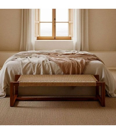 Banqueta boho madera teca asiento trenzado ratán natural nogal mdmhogar