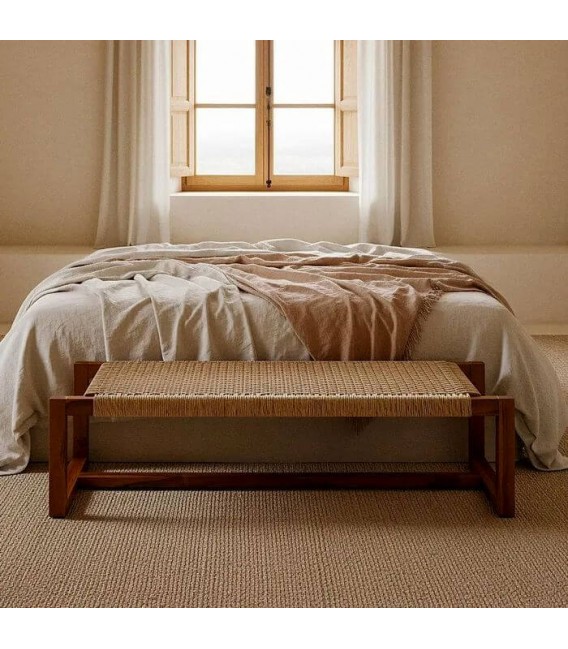Banqueta boho madera teca asiento trenzado ratán natural nogal mdmhogar