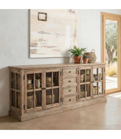 Aparador boho madera pino reciclado natural cristal salon grande mdmhogar