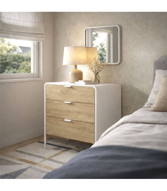 Mesita de noche grande melamina blanca 3 cajones madera natural hogar Mdmhogar