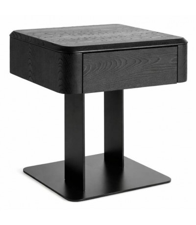 Mesita noche moderna madera olmo y metal negra 1 cajón minimalista