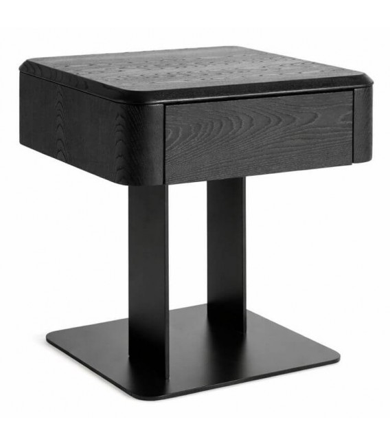 Mesita noche moderna madera olmo y metal negra 1 cajón minimalista