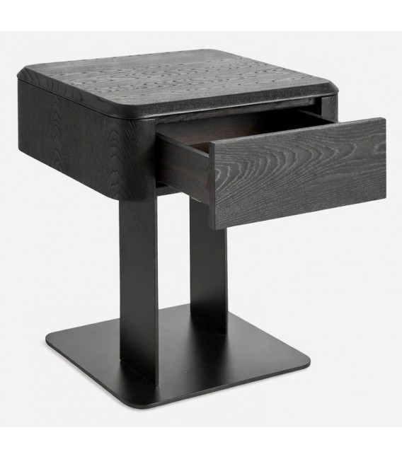 Mesita noche moderna madera olmo y metal negra 1 cajón minimalista1