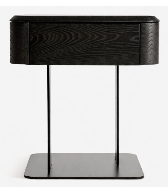 Mesita noche moderna madera olmo y metal negra 1 cajón minimalista2