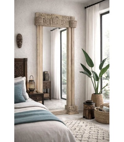 Espejo vestidor XL madera teca tallada a mano natural estilo etnico Mdmhogar
