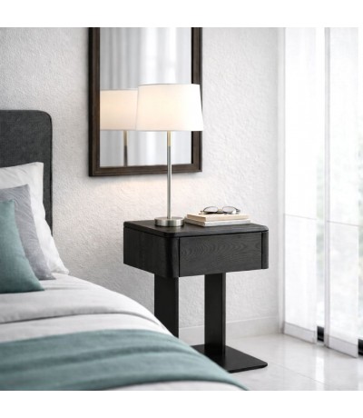Mesita noche moderna madera olmo y metal negra 1 cajón minimalista Mdmhogar