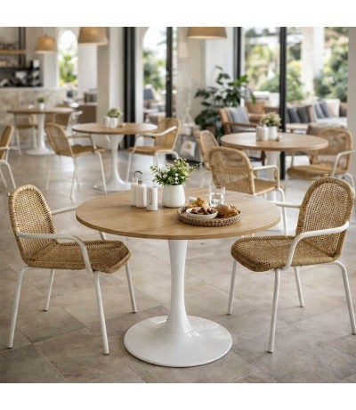 Mesa comedor redonda madera roble MDF pie metal blanco moderna Mdmhogar