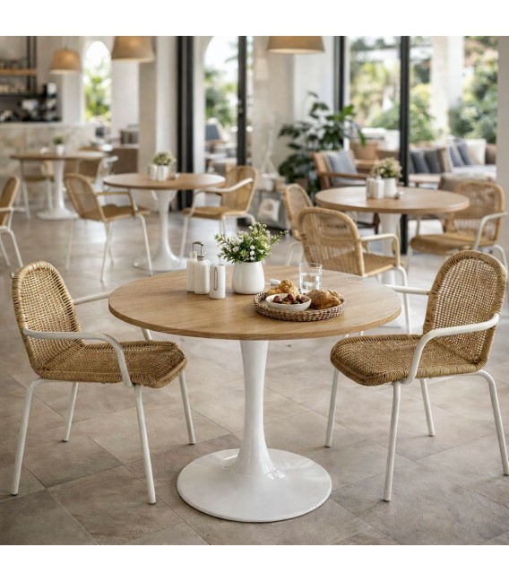 Mesa comedor redonda madera roble MDF pie metal blanco moderna Mdmhogar