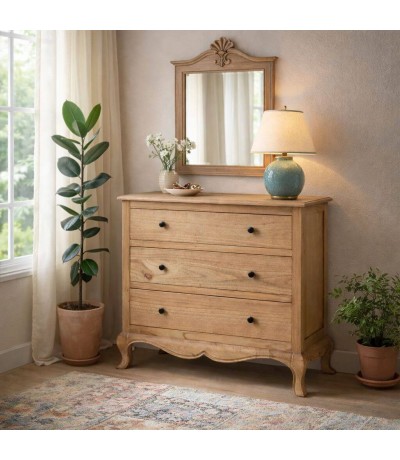 Cómoda pequeña madera mindi natural 3 cajones estilo boho Mdmhogar