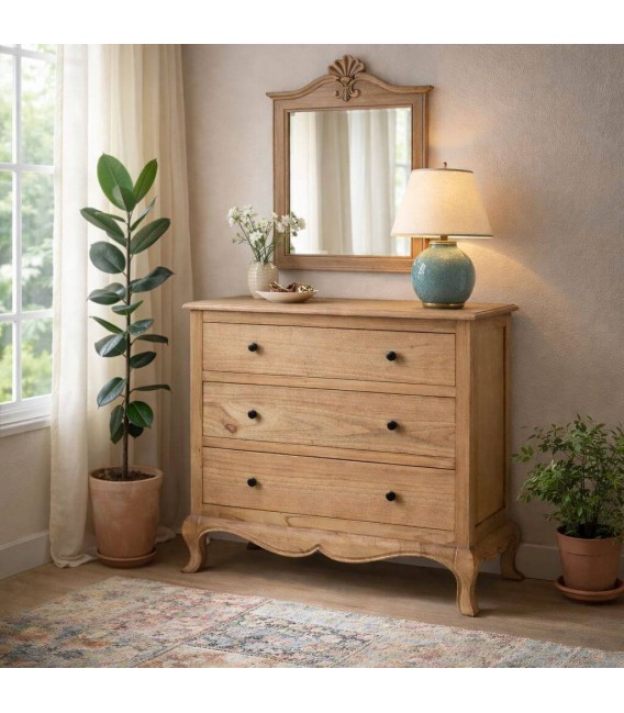 Cómoda pequeña madera mindi natural 3 cajones estilo boho Mdmhogar