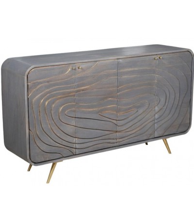 Aparador pequeño madera de mango tallada gris y dorado estilo art deco