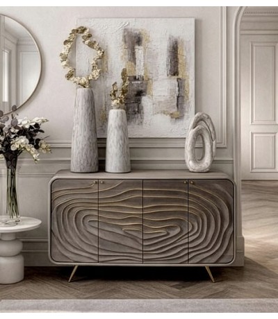 Aparador pequeño madera de mango tallada gris y dorado estilo art deco Mdmhogar