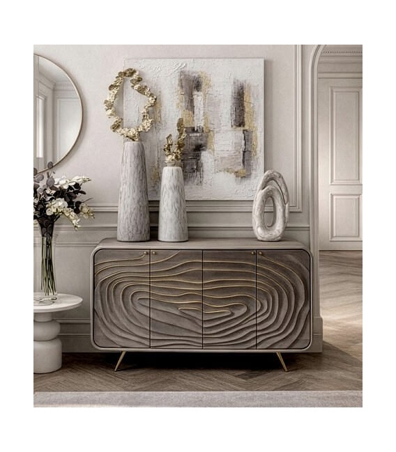 Aparador pequeño madera de mango tallada gris y dorado estilo art deco Mdmhogar
