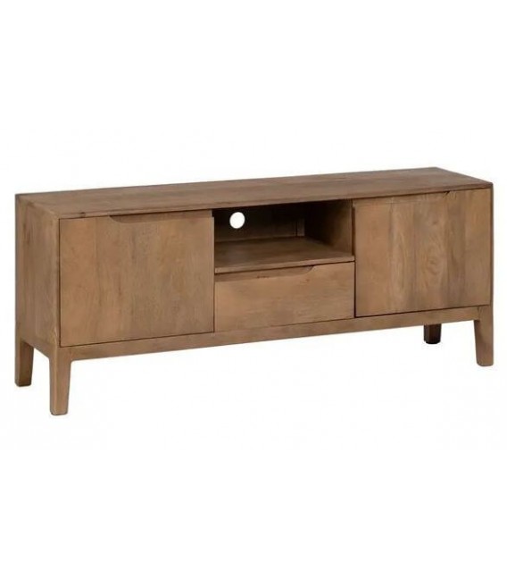 Mueble TV de mango marrón natural con puertas, cajón y balda