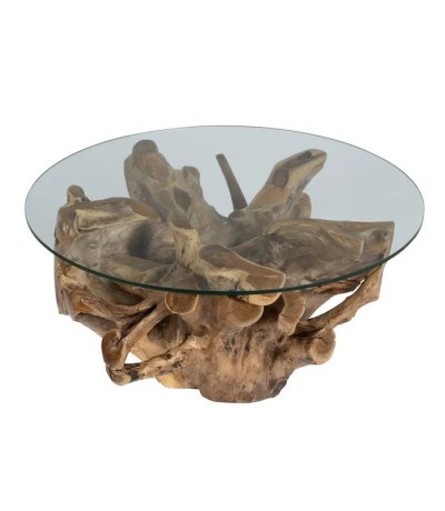 Mesa centro teca natural con cristal ovalado estilo colonial
