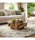 Mesa centro teca natural con cristal ovalado estilo colonial Mdmhogar