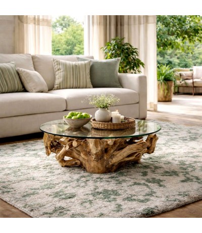 Mesa centro teca natural con cristal ovalado estilo colonial Mdmhogar