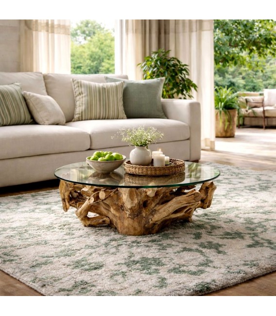 Mesa centro teca natural con cristal ovalado estilo colonial Mdmhogar