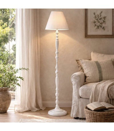 Lámpara de pie romántica metal torneado blanco roto pantalla lino Mdmhogar